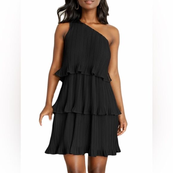 Black One-Shoulder Dress Tiered Dress Sz Small - Picture 2 of 5